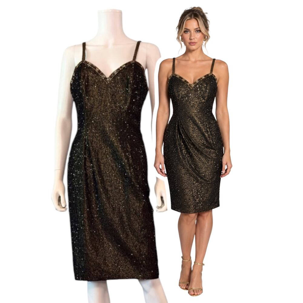 Black Tie Beaded Metallic Cocktail Party Dress Size S Green Gold Midi Vtg 80s